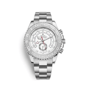 A silver watch with a white face and red second hand.