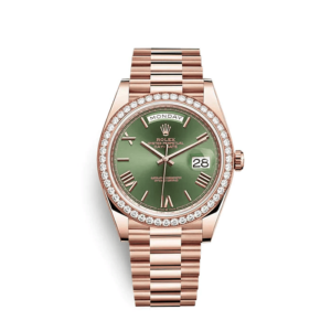 A rose gold rolex watch with green face and diamond bezel.