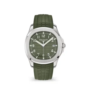 A watch with green strap and silver face.