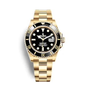 A gold rolex watch with black face and yellow bezel.