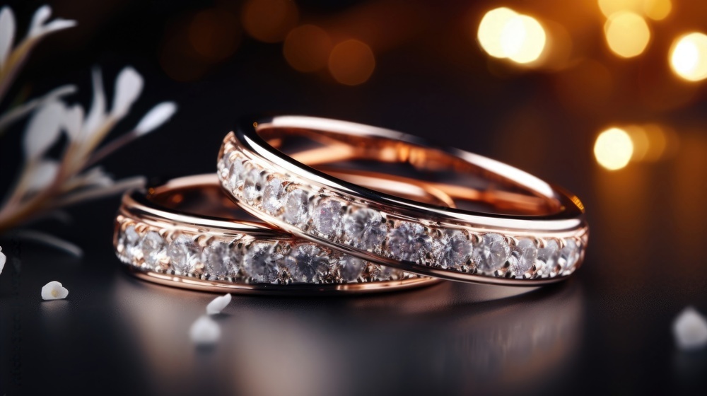 Two gold rings with diamonds on top of a table.