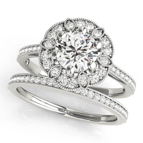 Single Row Halo Floral Milgrain Engagement Rings - Image 3