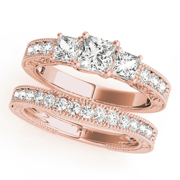 3-Stone Single Row Milgrain Princess Engagement Ting - Image 9