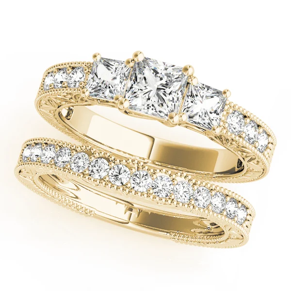 3-Stone Single Row Milgrain Princess Engagement Ting - Image 6