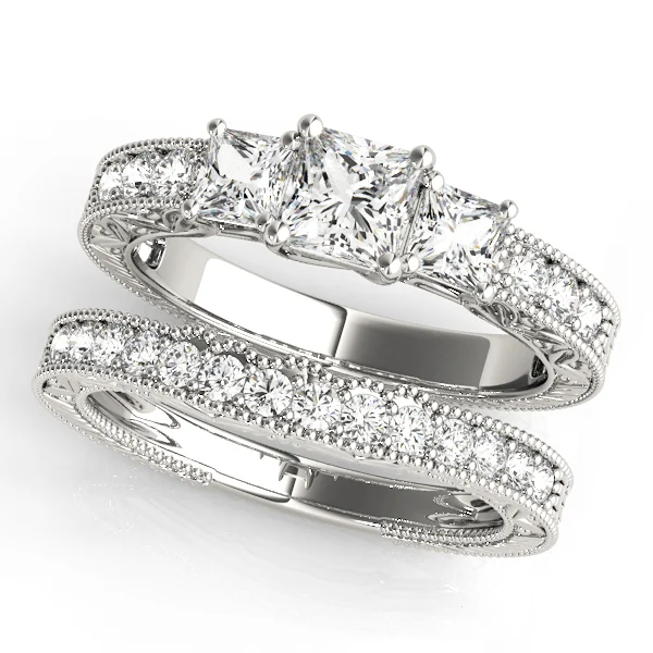 3-Stone Single Row Milgrain Princess Engagement Ting - Image 3