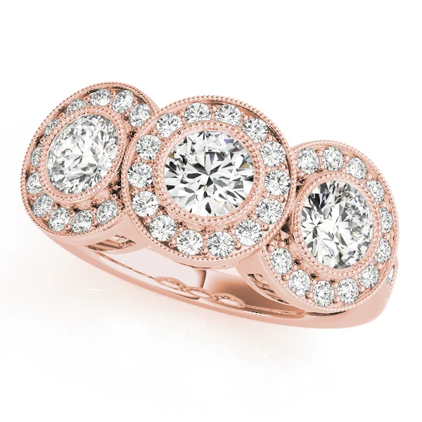 3-Stone Bezel Set Milgrain Halo Engagement Ring - Image 9