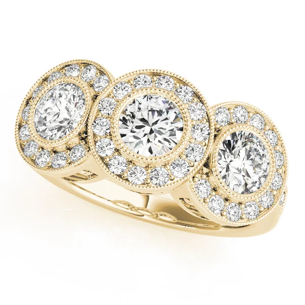 3-Stone Bezel Set Milgrain Halo Engagement Ring - Image 5
