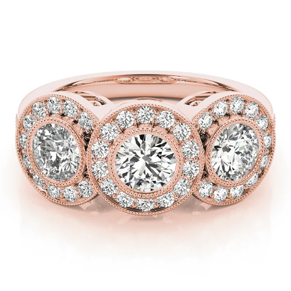3-Stone Bezel Set Milgrain Halo Engagement Ring - Image 11