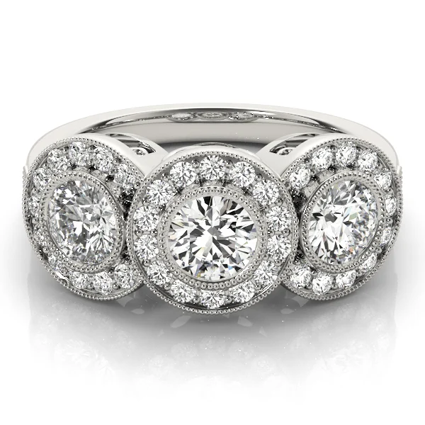 3-Stone Bezel Set Milgrain Halo Engagement Ring - Image 3