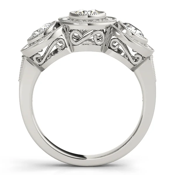 3-Stone Bezel Set Milgrain Halo Engagement Ring - Image 2