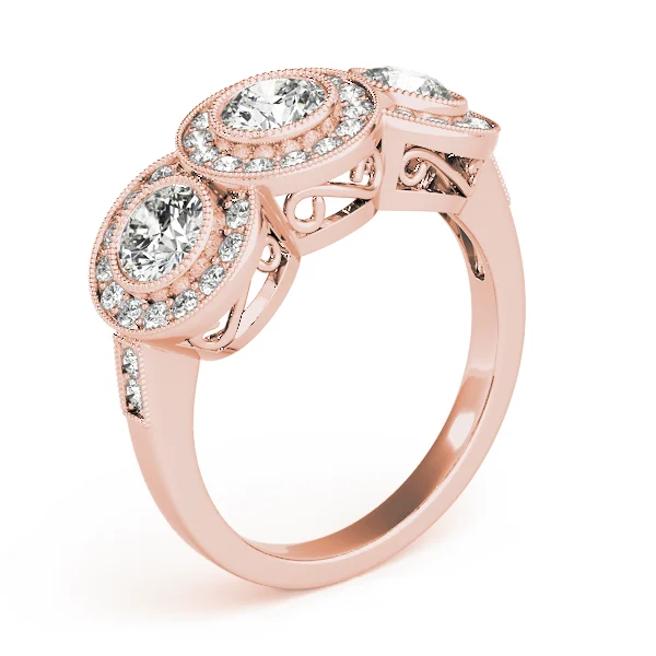 3-Stone Bezel Set Milgrain Halo Engagement Ring - Image 12