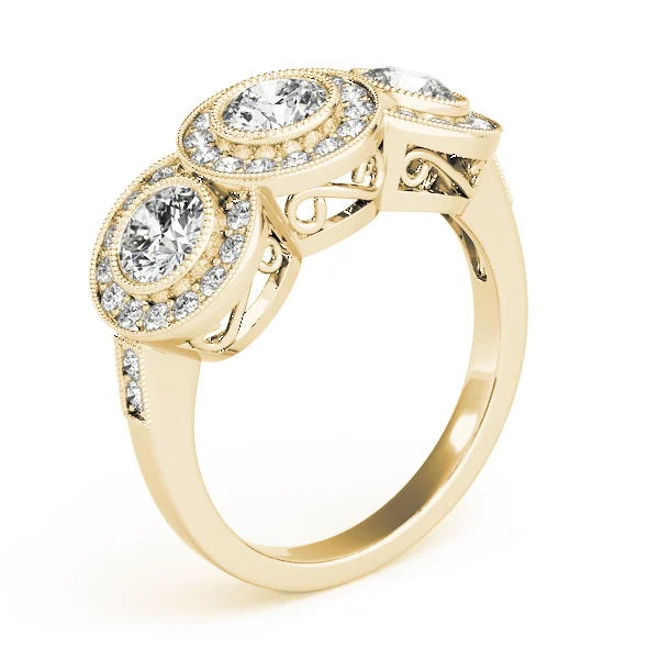 3-Stone Bezel Set Milgrain Halo Engagement Ring - Image 8