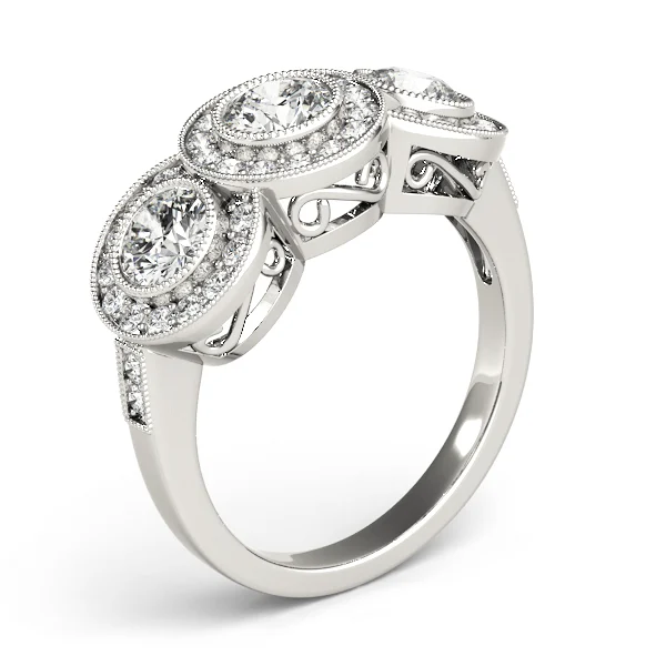 3-Stone Bezel Set Milgrain Halo Engagement Ring - Image 4