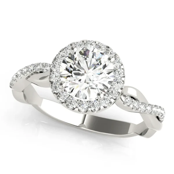 Single Row Twisted Shank Round Halo Engagement Ring